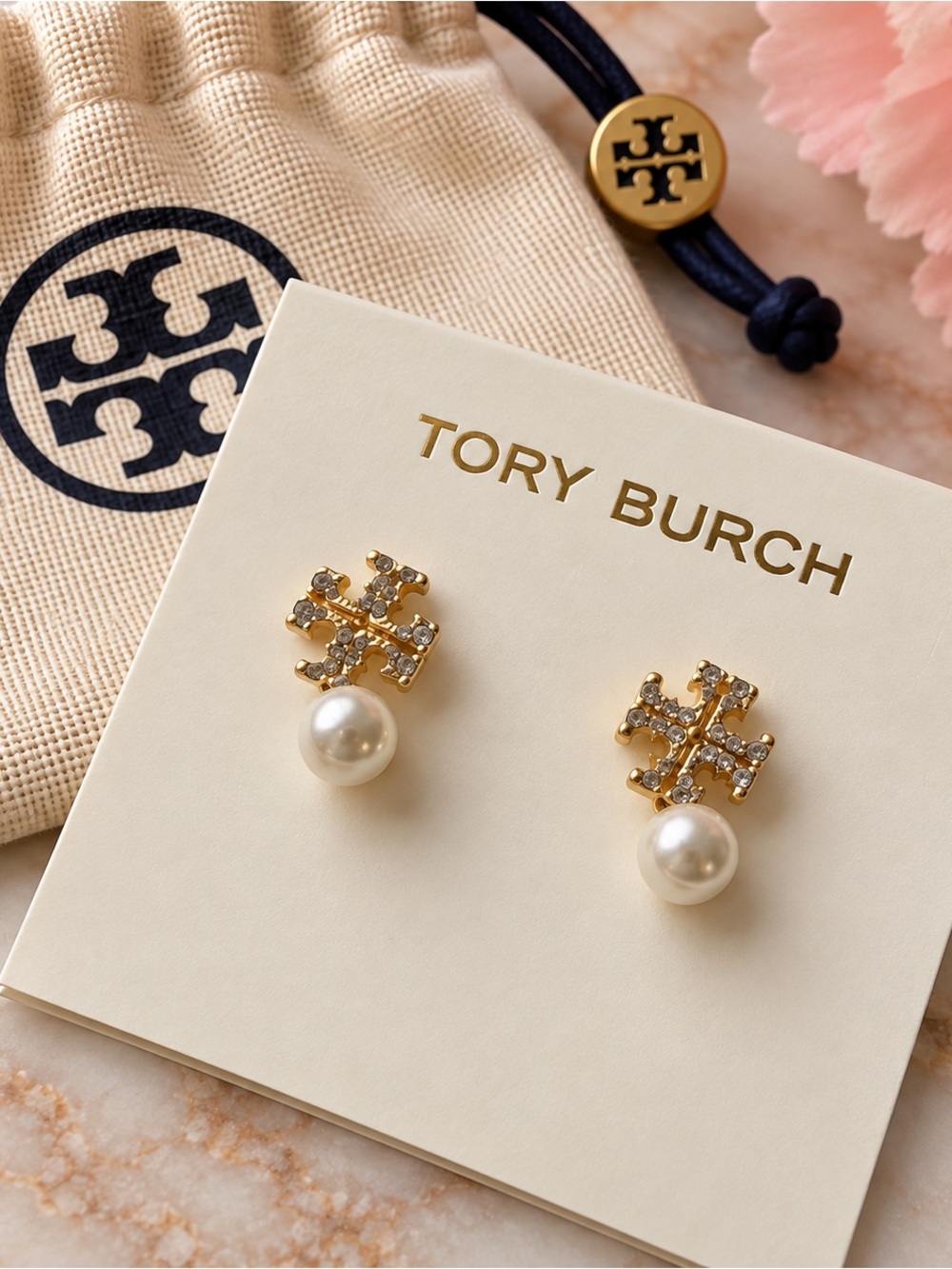 Tory Burch Gold Crystal Logo Pearl Drop Earrings - cream pearls